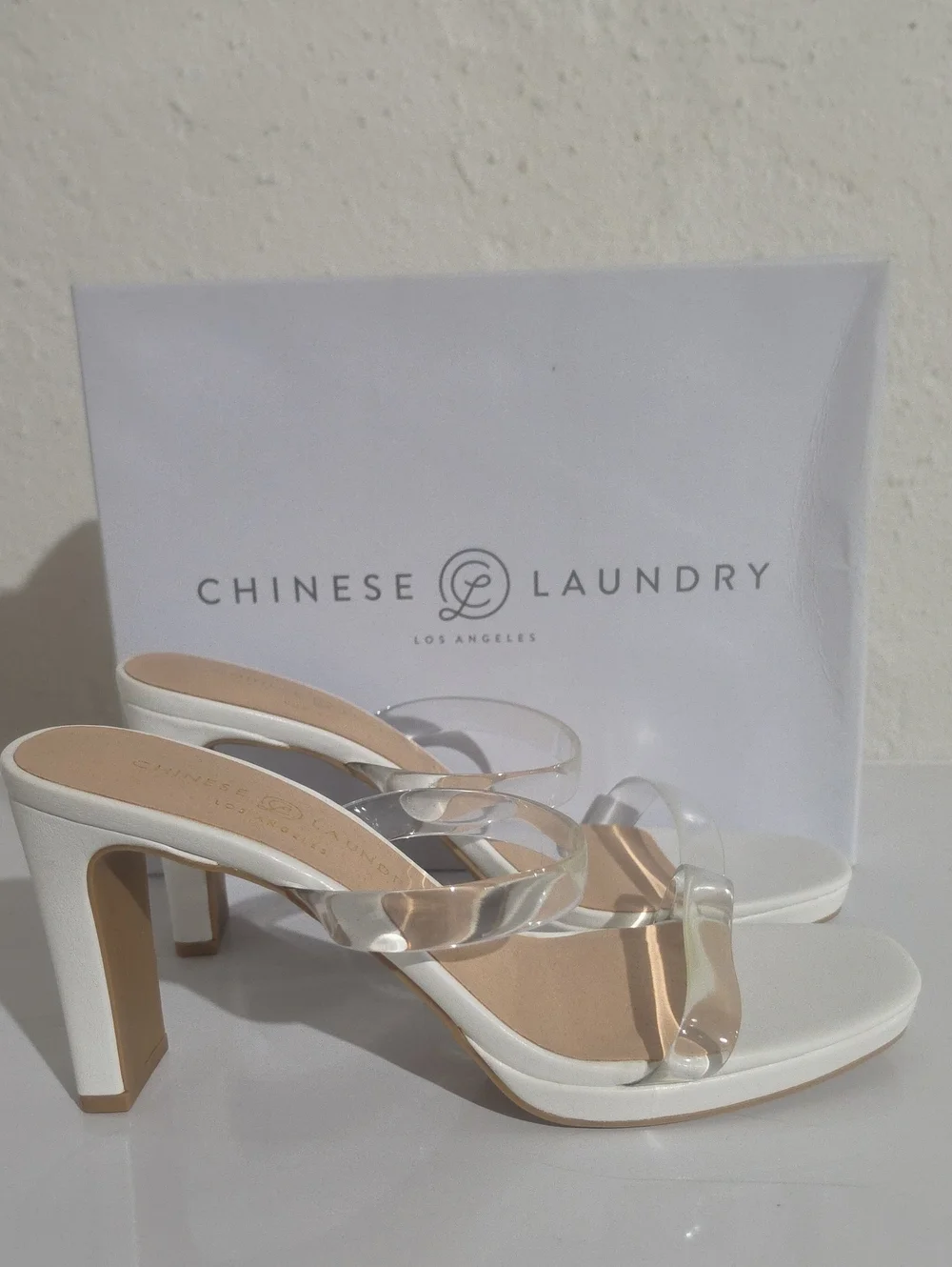 Chinese Laundry Tiffney White Heeled Sandals with Clear Straps